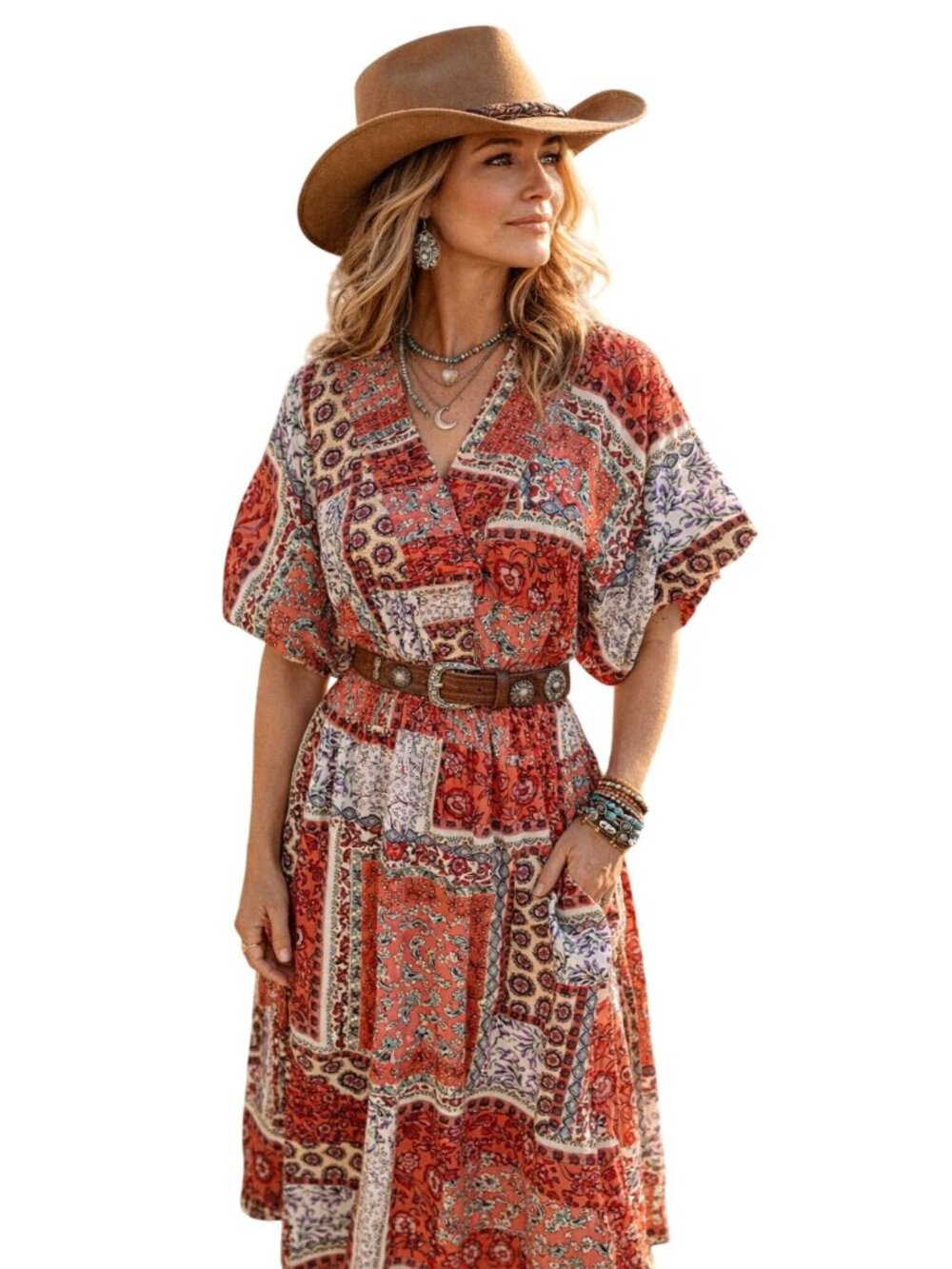 NWT Boho Patchwork Girl Soul Scarf Print Dress Red Mix Print Floral Womens L